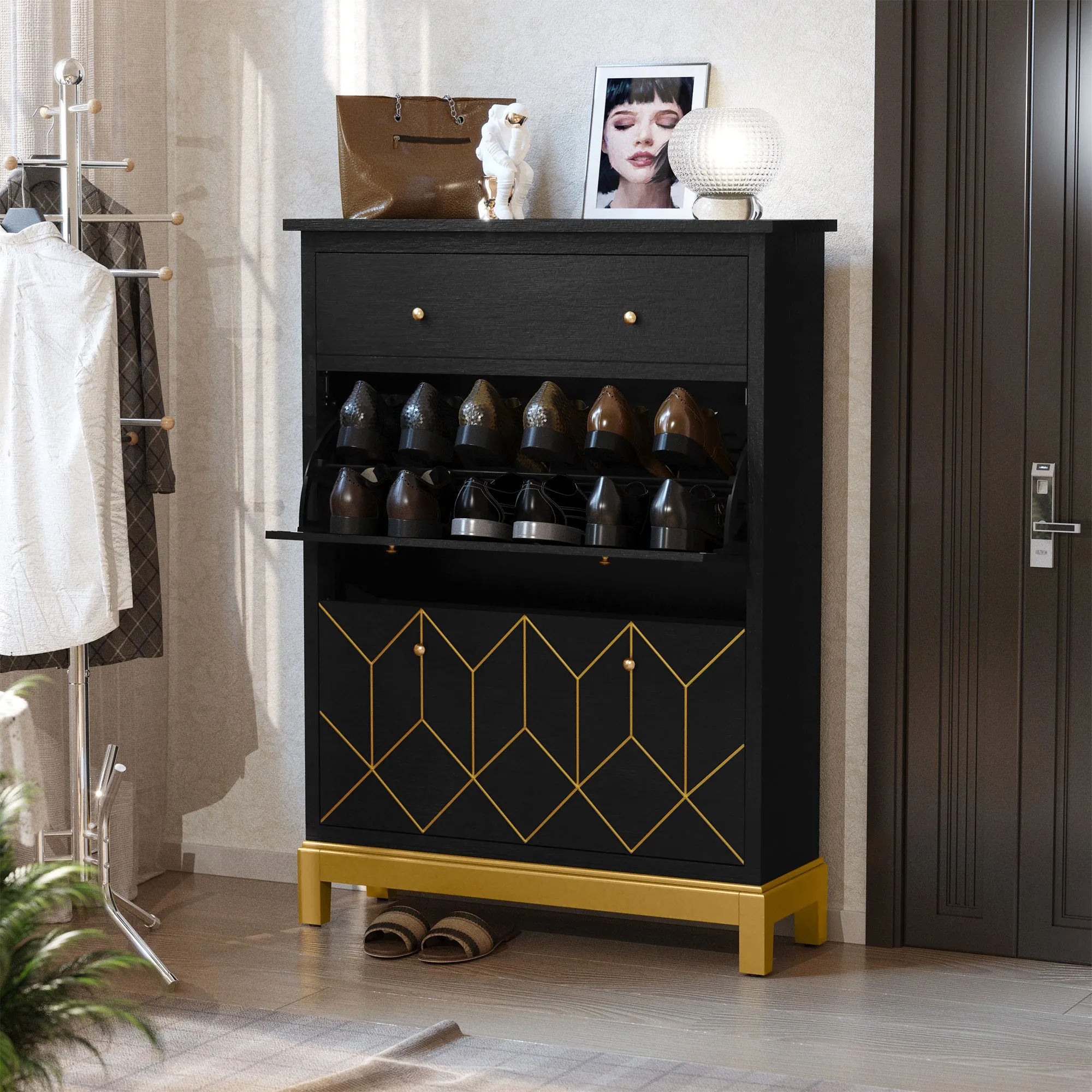 HLR Green Space-Saving Hidden Shoe Cabinet 2 Flip-Doors & 1 Drawer  Compact Storage for Entryway, Living Room & Front Door