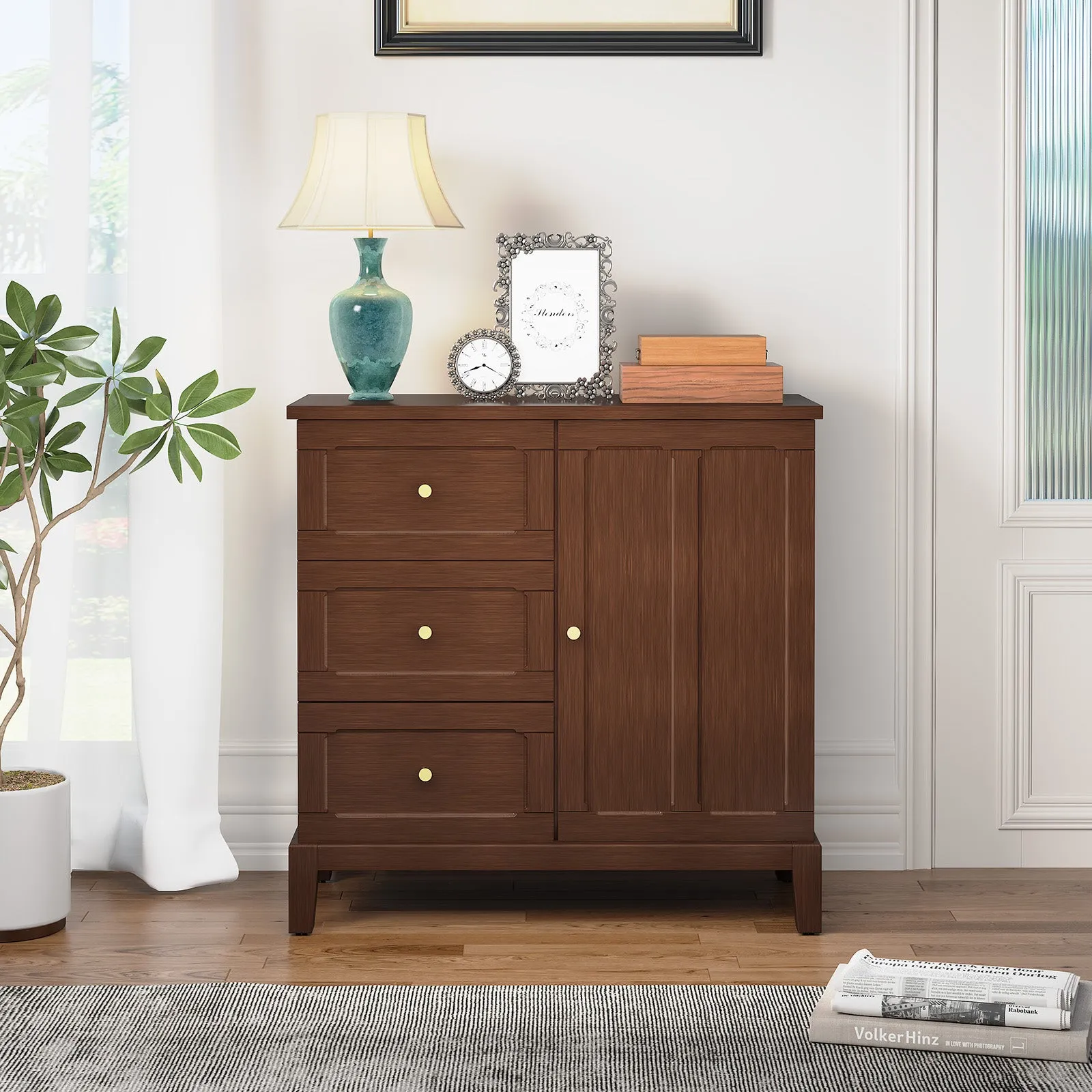 HLR Green Wooden Accent Sideboard Cabinet with 3-Drawer Storage, Door & Shelves  Stylish Organization for Living Room & Entryway