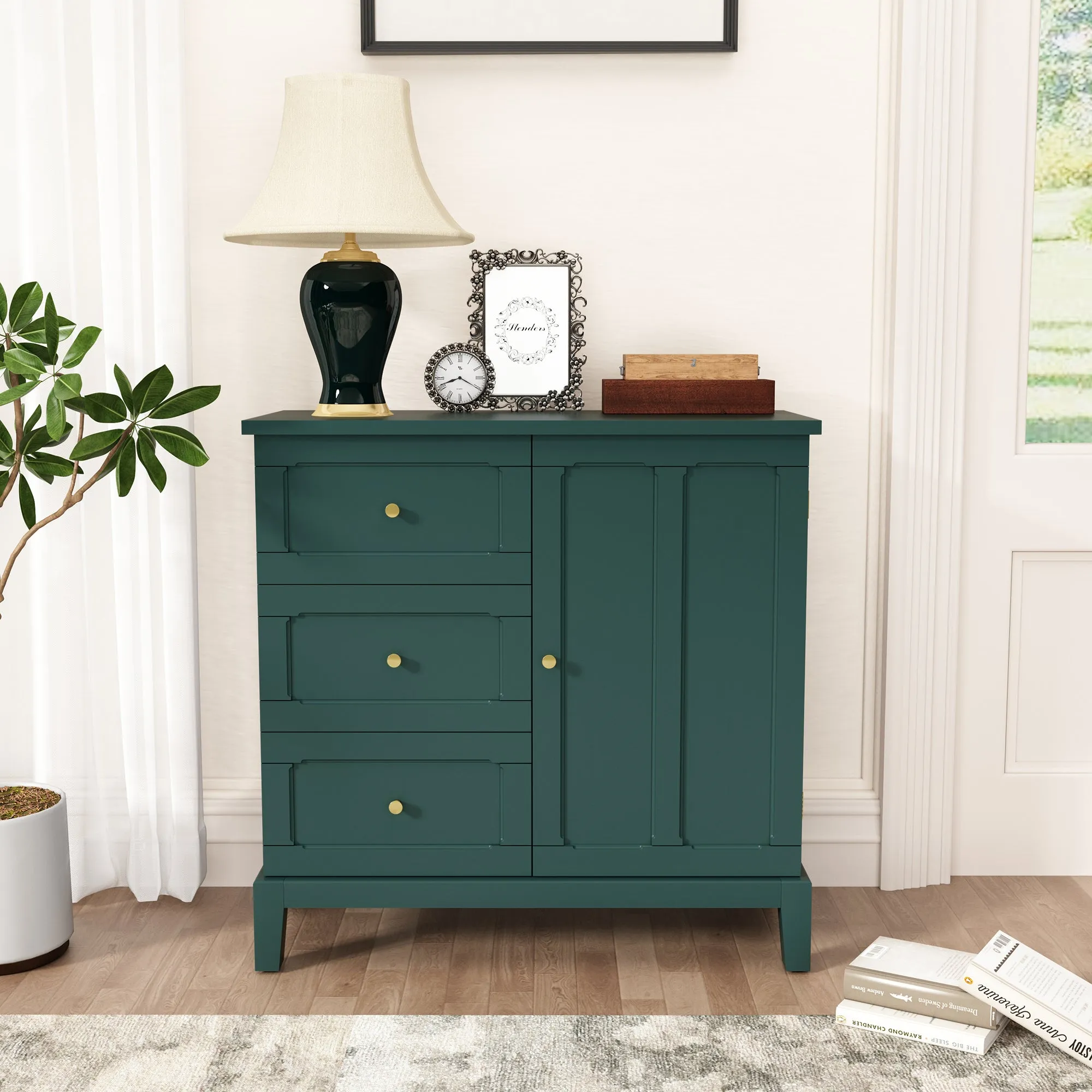 HLR Green Wooden Accent Sideboard Cabinet with 3-Drawer Storage, Door & Shelves  Stylish Organization for Living Room & Entryway