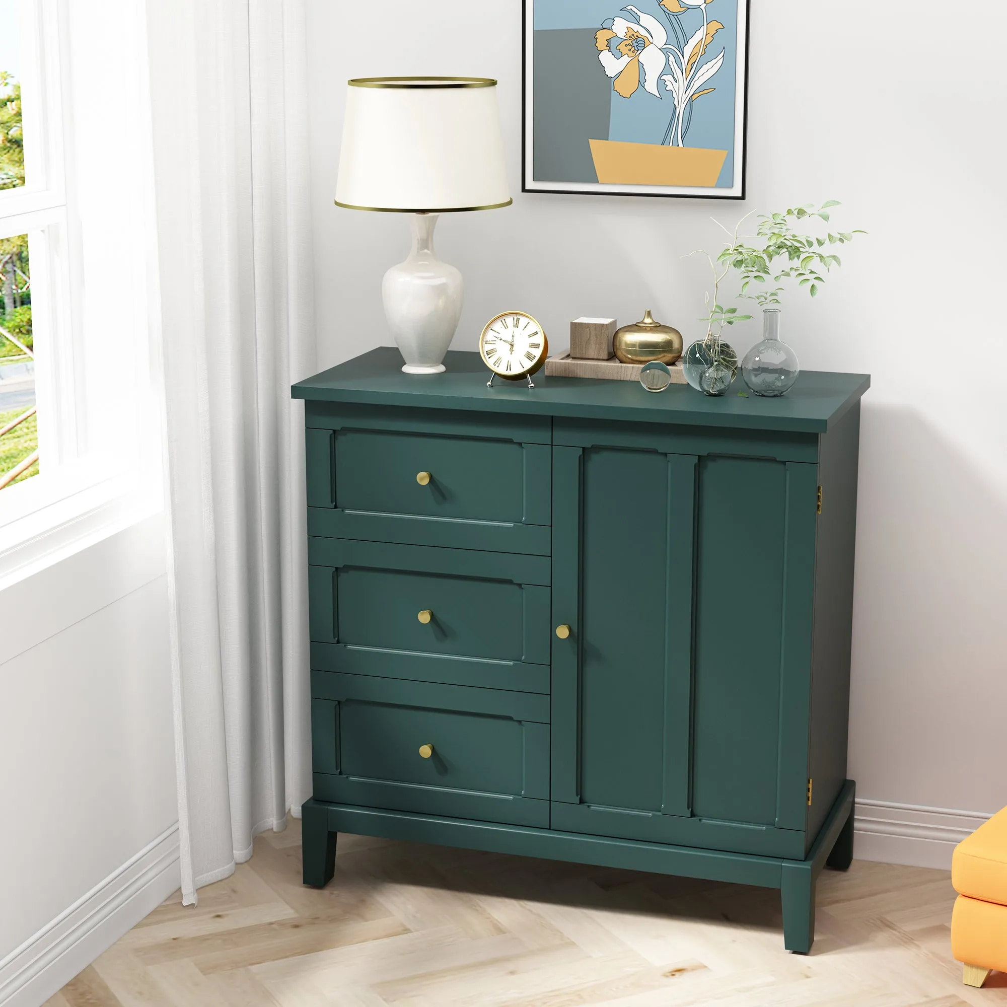 HLR Green Wooden Accent Sideboard Cabinet with 3-Drawer Storage, Door & Shelves  Stylish Organization for Living Room & Entryway
