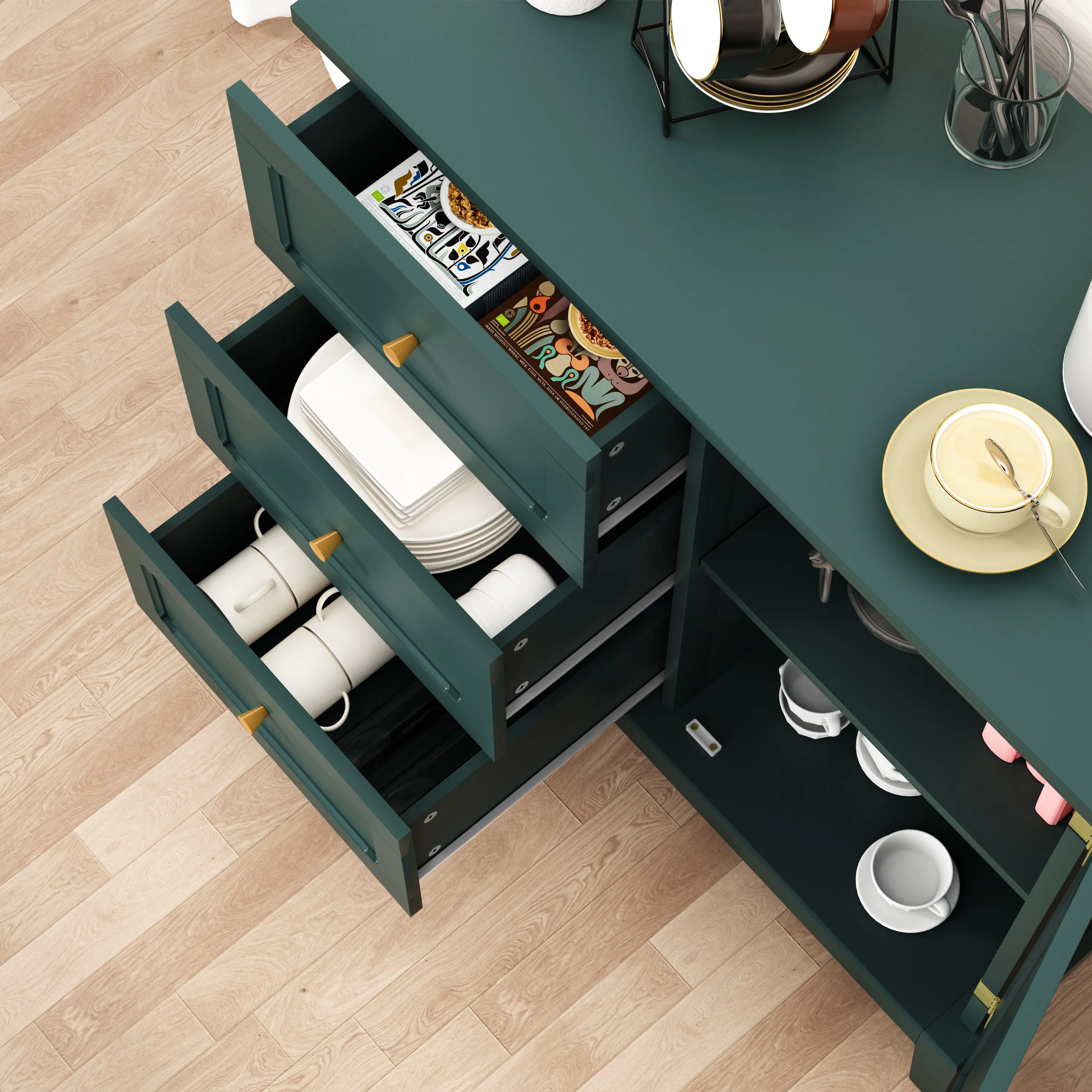 HLR Green Wooden Accent Sideboard Cabinet with 3-Drawer Storage, Door & Shelves  Stylish Organization for Living Room & Entryway