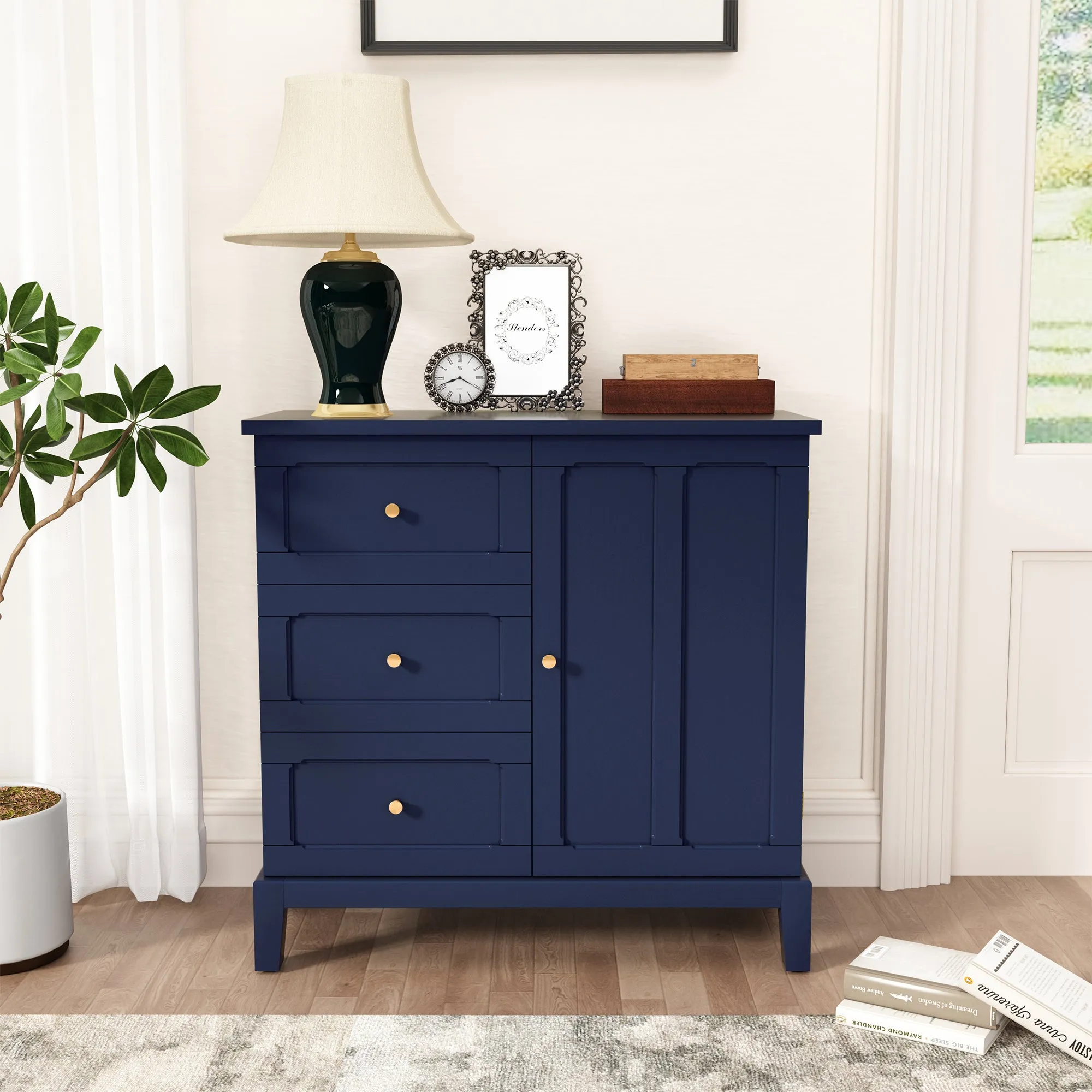HLR Green Wooden Accent Sideboard Cabinet with 3-Drawer Storage, Door & Shelves  Stylish Organization for Living Room & Entryway