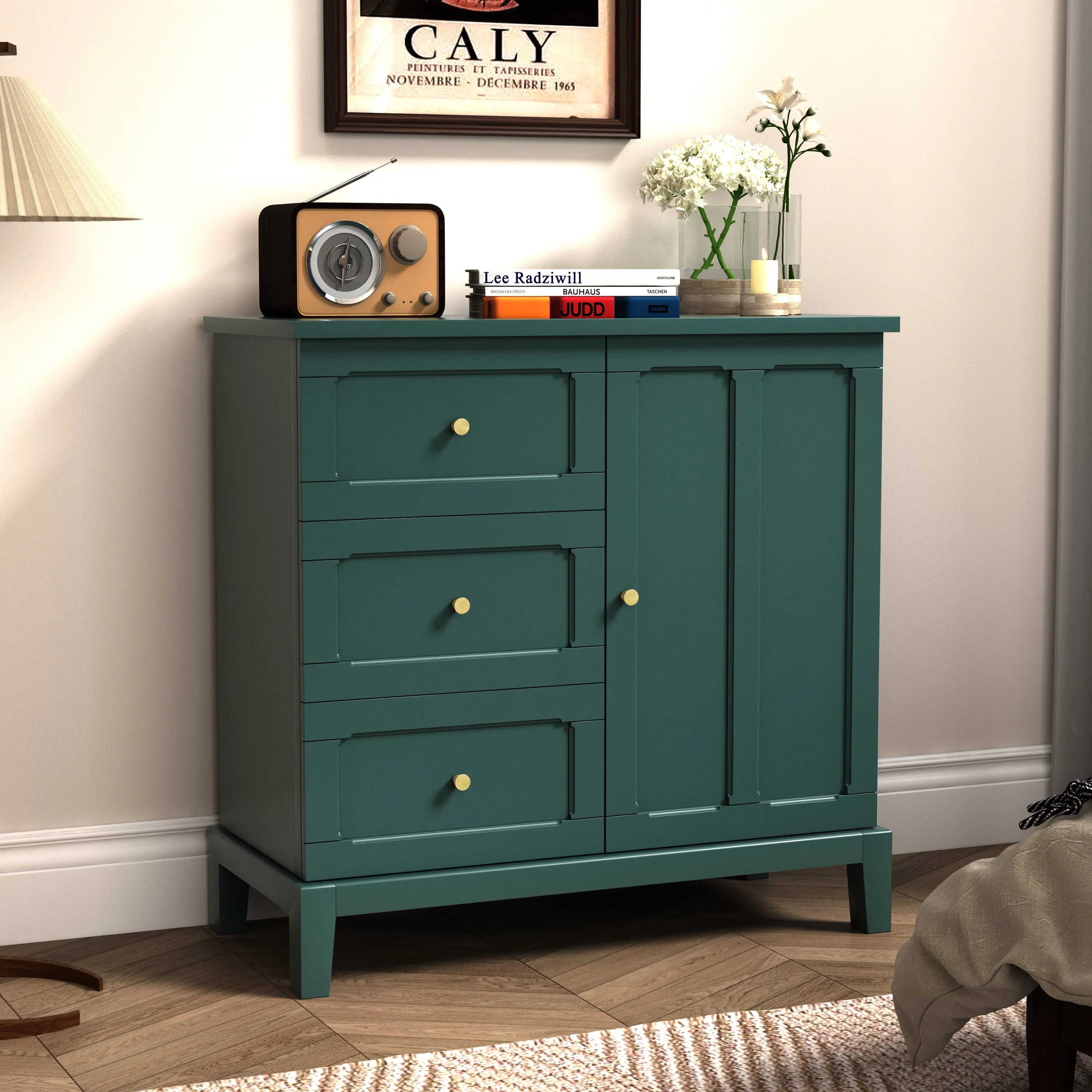 HLR Green Wooden Accent Sideboard Cabinet with 3-Drawer Storage, Door & Shelves  Stylish Organization for Living Room & Entryway