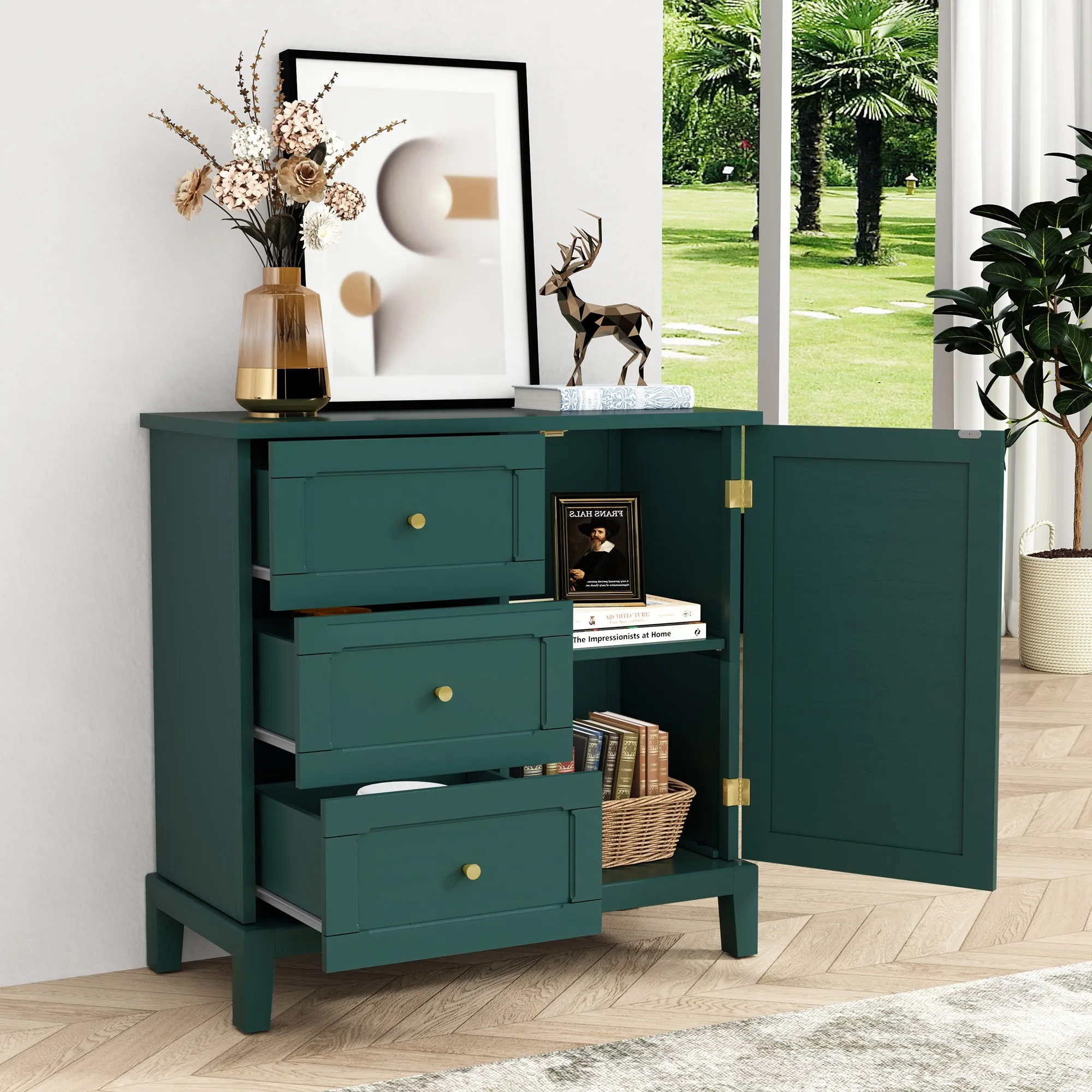 HLR Green Wooden Accent Sideboard Cabinet with 3-Drawer Storage, Door & Shelves  Stylish Organization for Living Room & Entryway