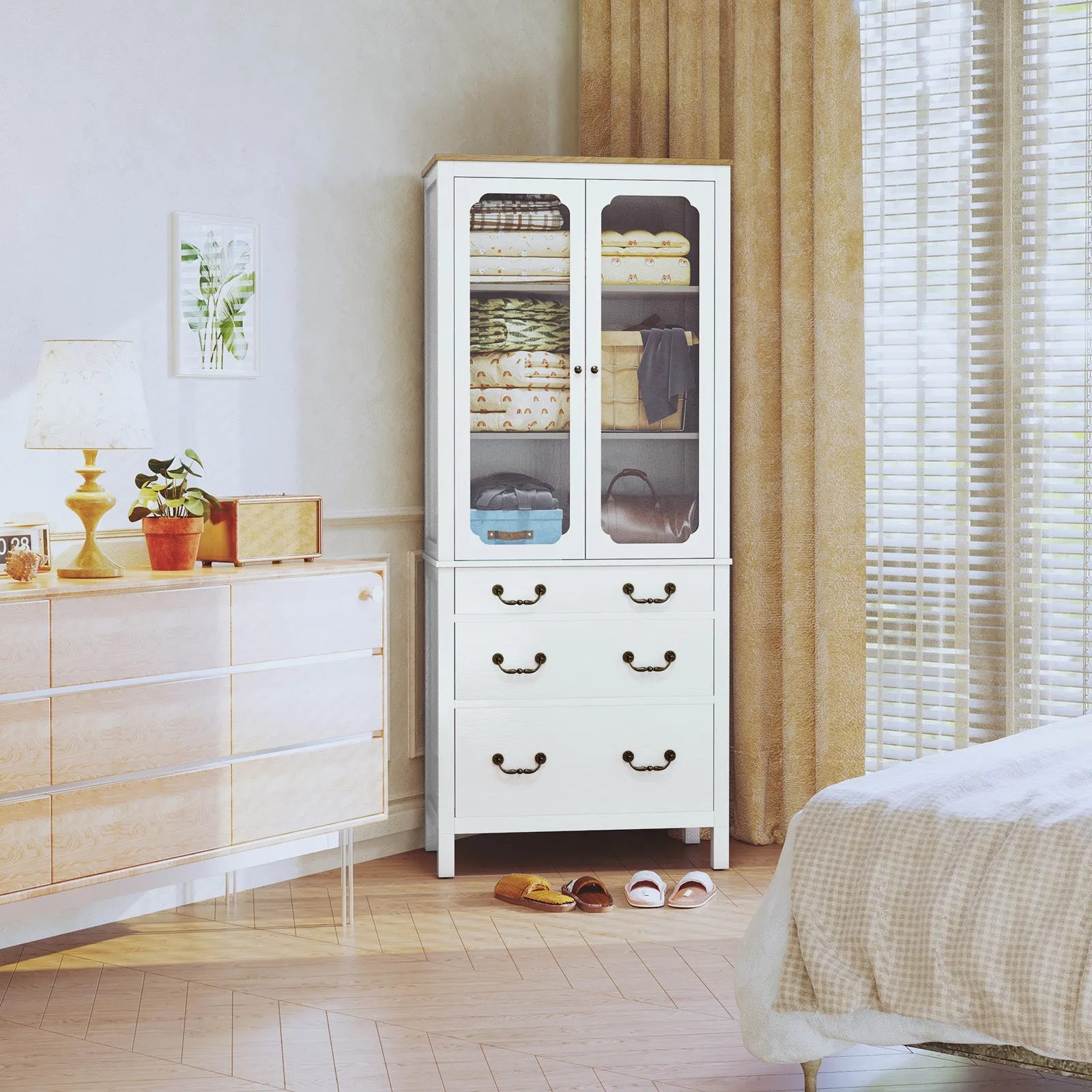 HLR White Freestanding Tall Pantry Cabinet with Tempered Glass Doors & Adjustable Shelves, Storage for Kitchen, Living & Dining Rooms