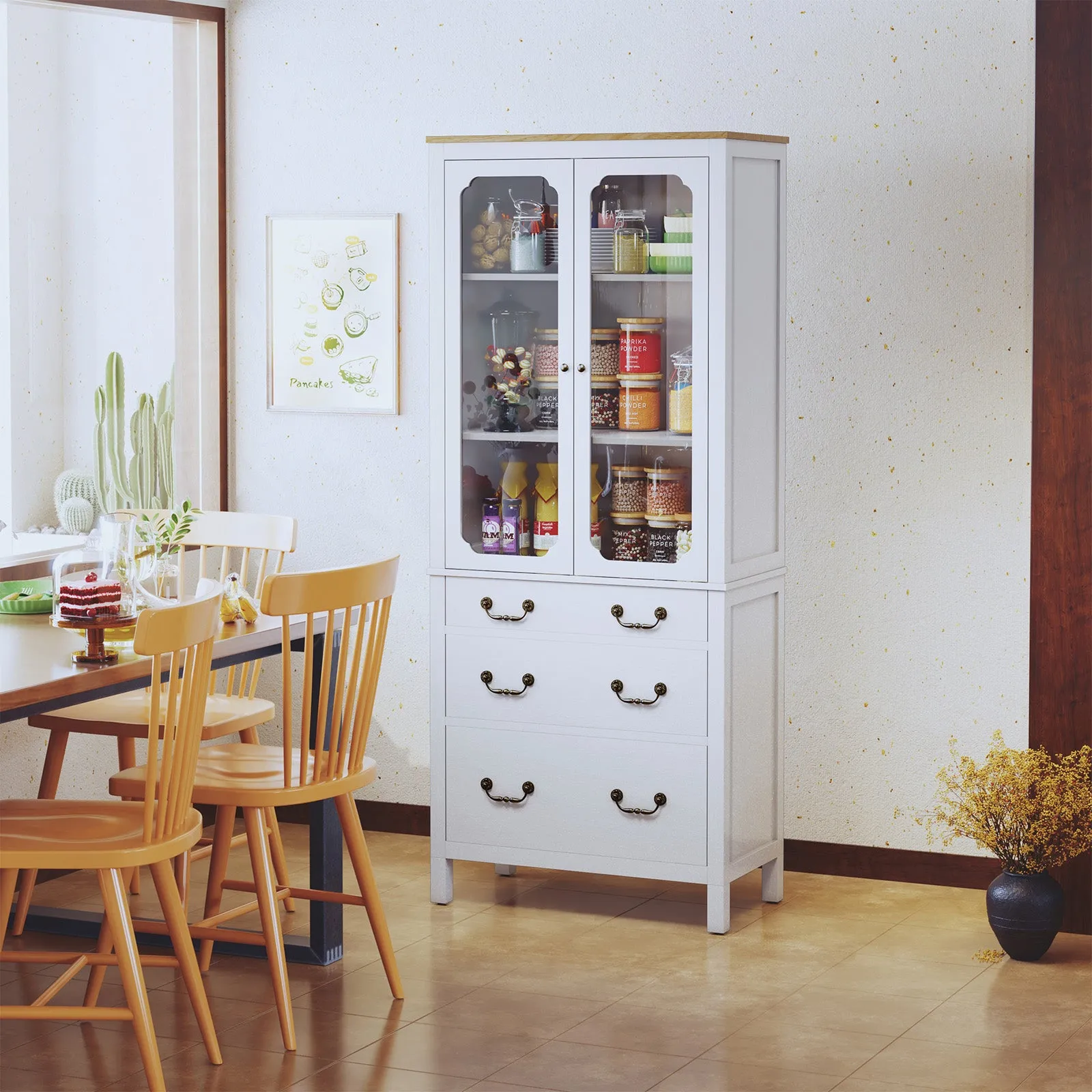 HLR White Freestanding Tall Pantry Cabinet with Tempered Glass Doors & Adjustable Shelves, Storage for Kitchen, Living & Dining Rooms