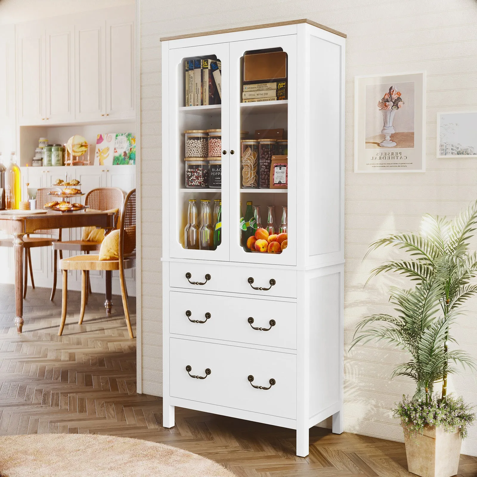 HLR White Freestanding Tall Pantry Cabinet with Tempered Glass Doors & Adjustable Shelves, Storage for Kitchen, Living & Dining Rooms