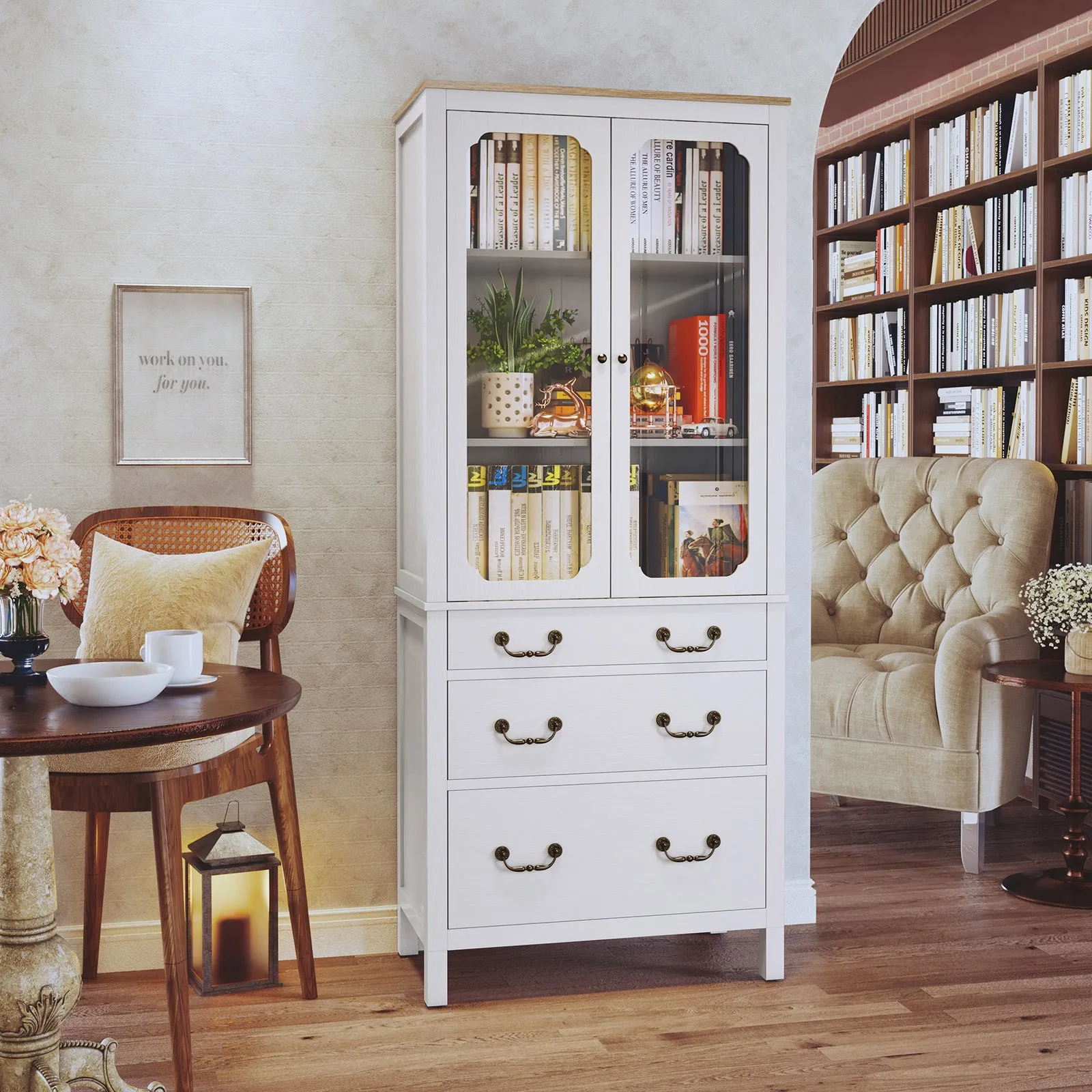 HLR White Freestanding Tall Pantry Cabinet with Tempered Glass Doors & Adjustable Shelves, Storage for Kitchen, Living & Dining Rooms