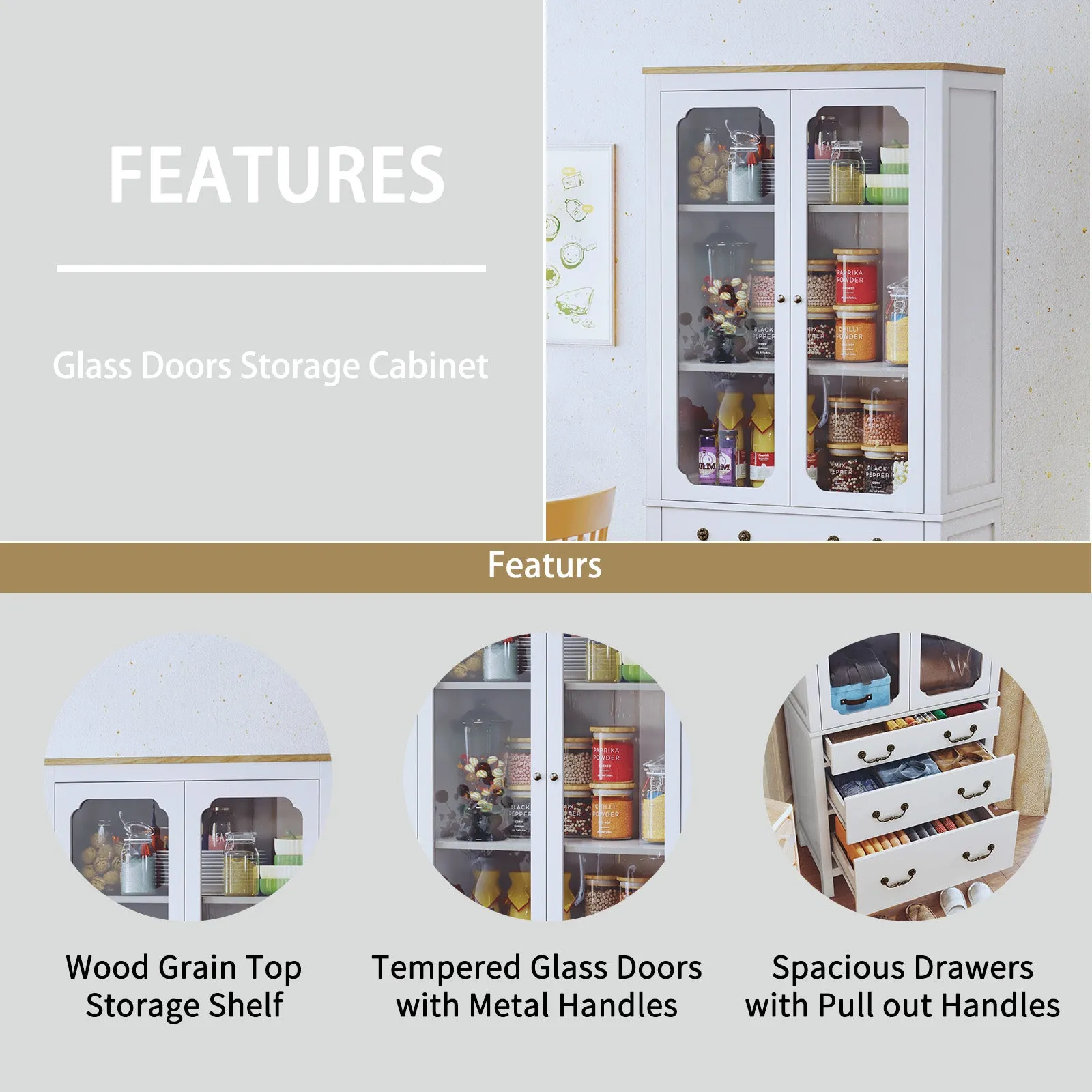 HLR White Freestanding Tall Pantry Cabinet with Tempered Glass Doors & Adjustable Shelves, Storage for Kitchen, Living & Dining Rooms