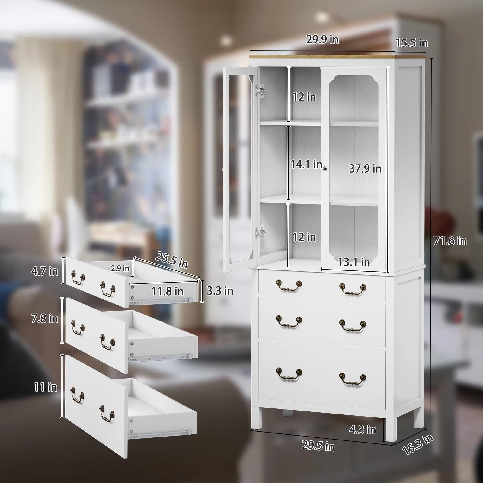 HLR White Freestanding Tall Pantry Cabinet with Tempered Glass Doors & Adjustable Shelves, Storage for Kitchen, Living & Dining Rooms