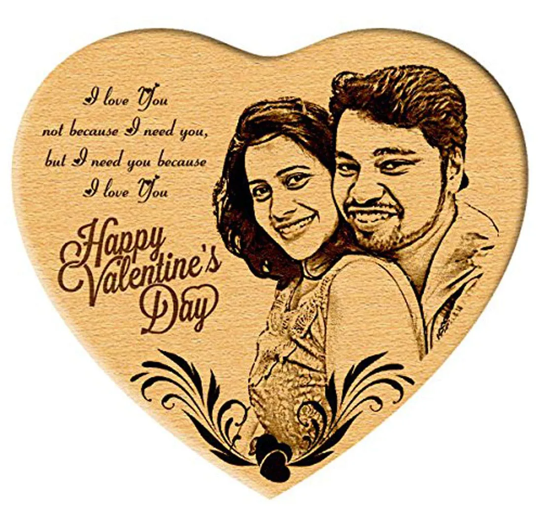 Incredible Gifts India Heart Shaped Valentine's Special Engraved Photo on wood - Gift for Her and Him (5x6 inches, Brown)