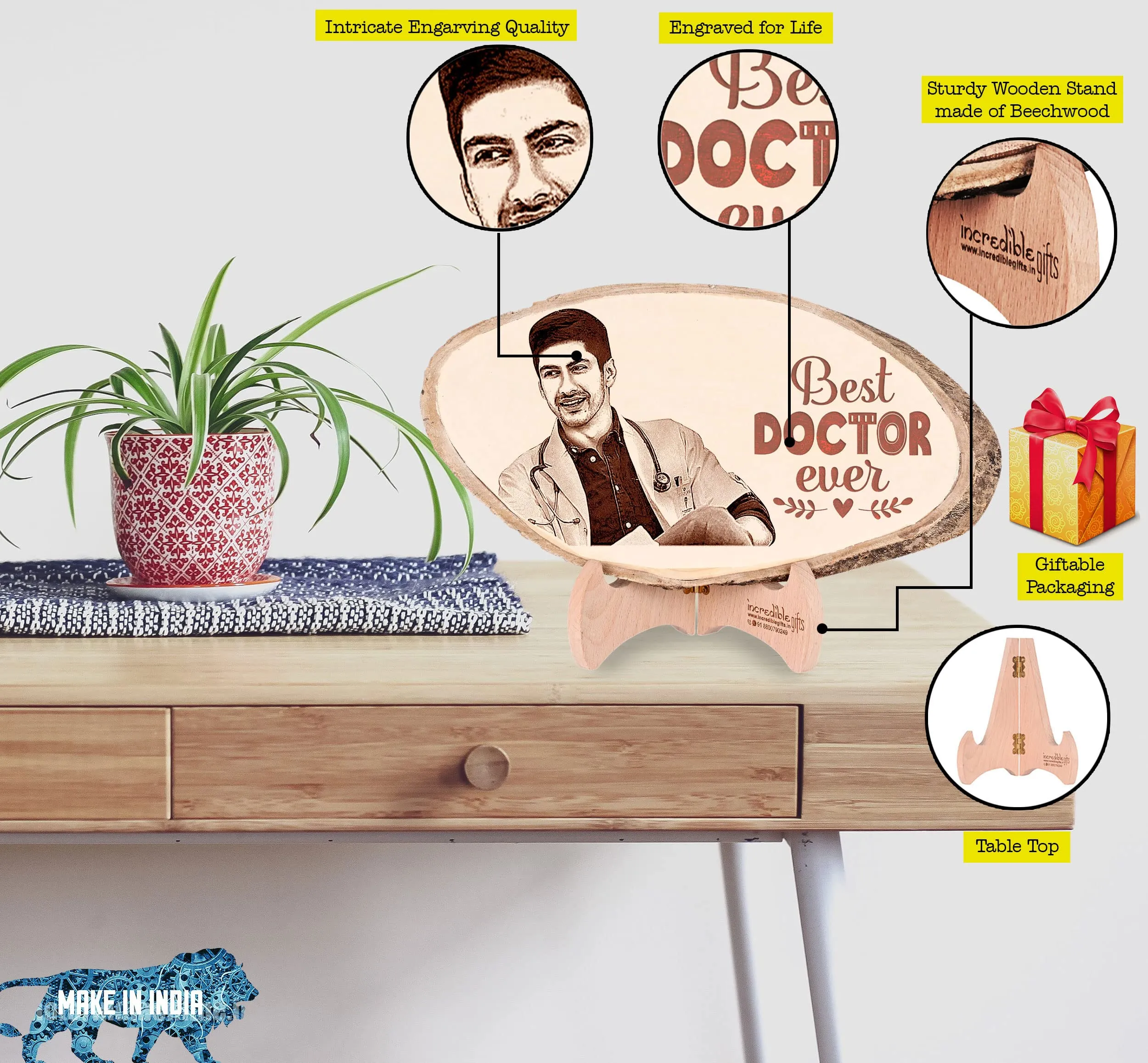 Incredible Gifts India Personalized Natural Wood Photo Frame - Customized Engraved Gift For Doctor (10-15 Inches)