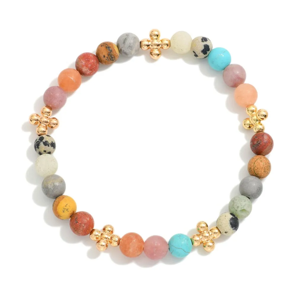 Multi Semi Precious Stone Bracelet w/ Cross Charm
