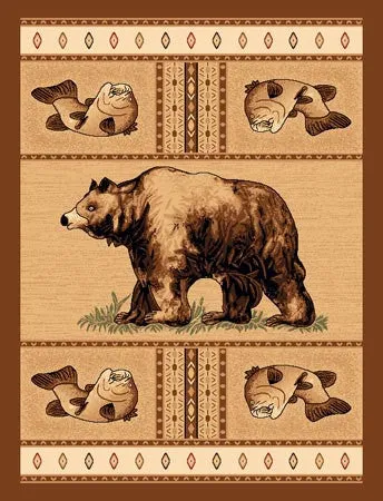 "Bear & Fish" Rustic Area Rug - 2 x 3