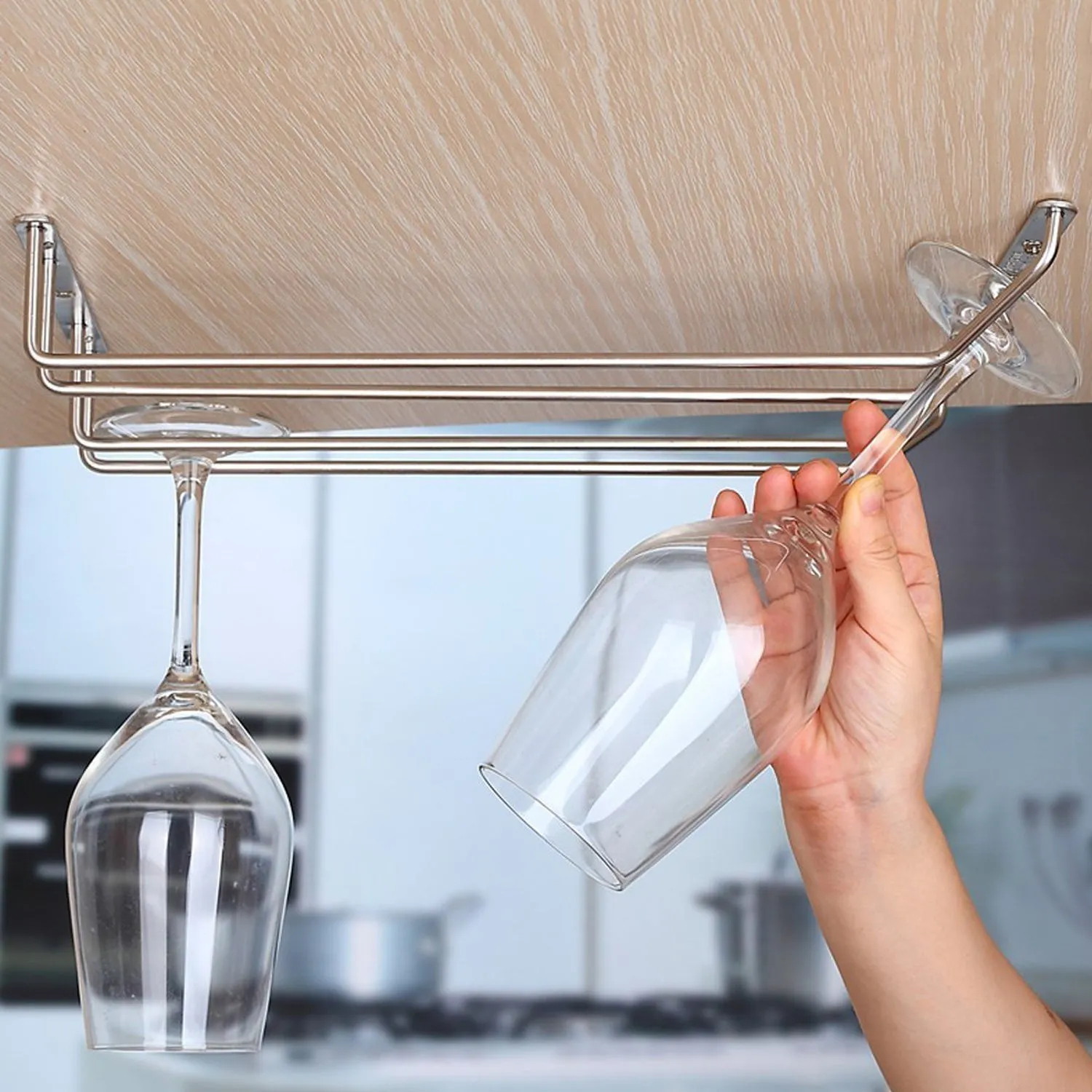 Wine Glass Holder Hanging Drinking Glasses Stemware Rack Under Cabinet Storage Organizer Double Row For Bar & cafes Use